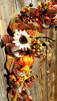 Fall 9ft Garland with White Sunflowers & Pumpkins