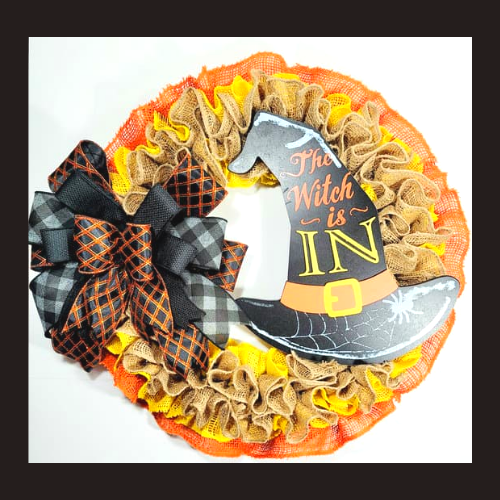 The Witch Is In Burlap Ruffle Wreath, Halloween Wreath