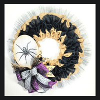 Spider Burlap Ruffle Wreath with Web Tulle, Halloween Wreath