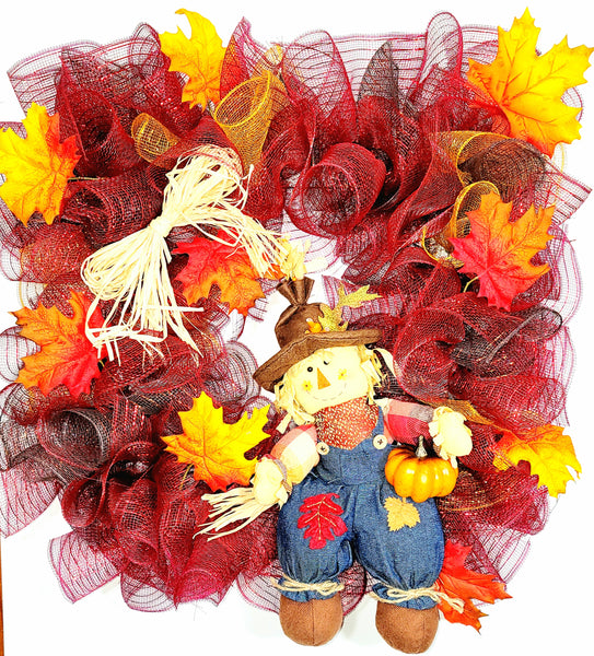 Happy Scarecrow with Leaves Fall Wreath